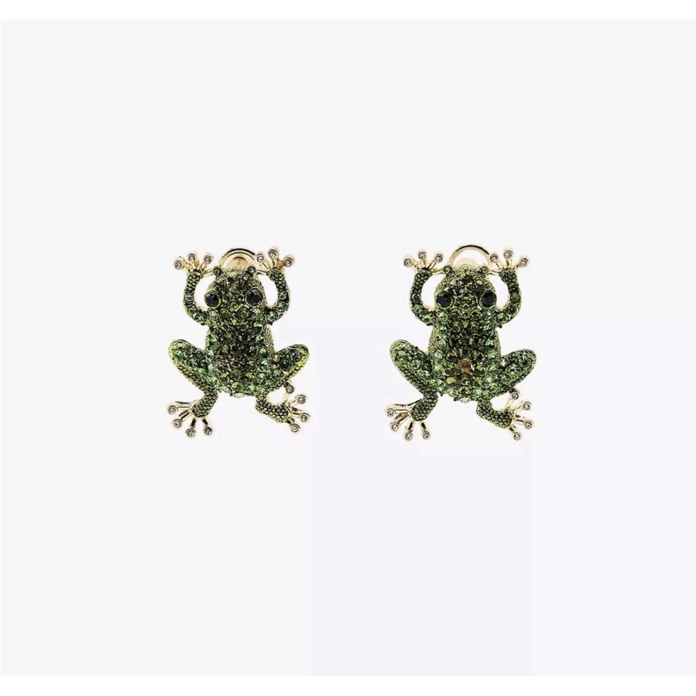 Zara Green Gold Frog Earrings Sparkly Glass Lucky Statement Piece